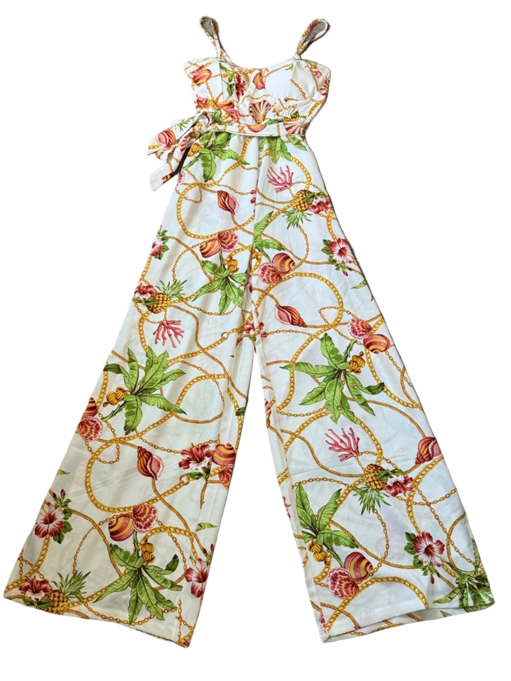 Jolie & Joy White Floral Chain Print Jumpsuit SIZE M Wide Leg Strappy NWT Summer